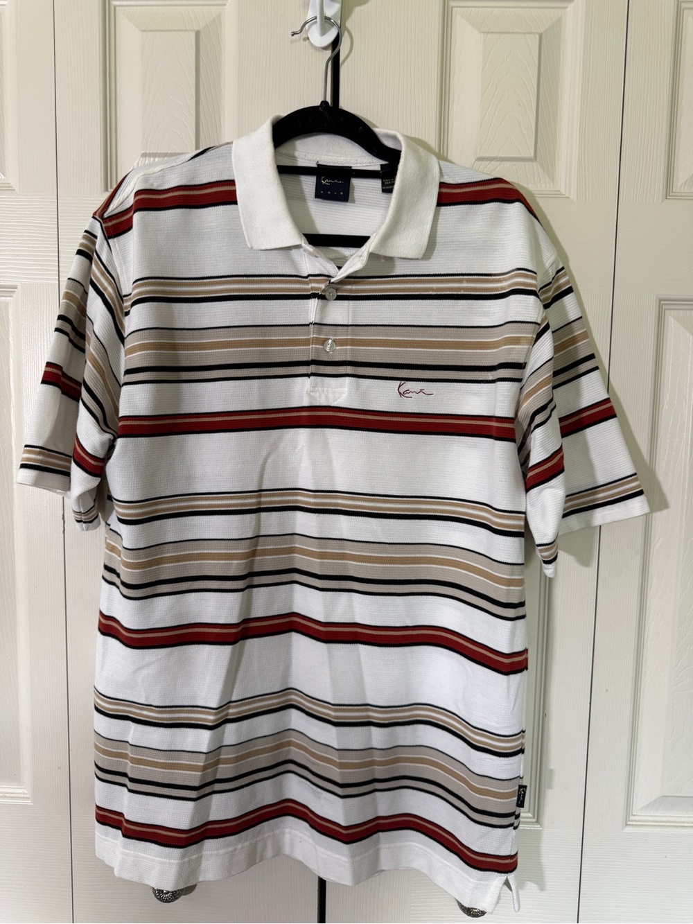 Kenar Men's White Polo with Red, Tan & Black Stripes